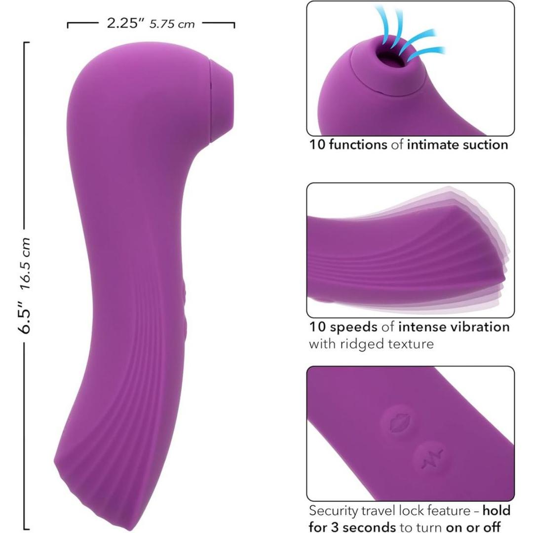 The CalExotics Couture Collection Dual Pleasure Wand is a purple, curved massager with intimate suction, a ridged vibrating texture with 10 speeds, measurements included, and a security travel lock. Blue lines show the suction action.
