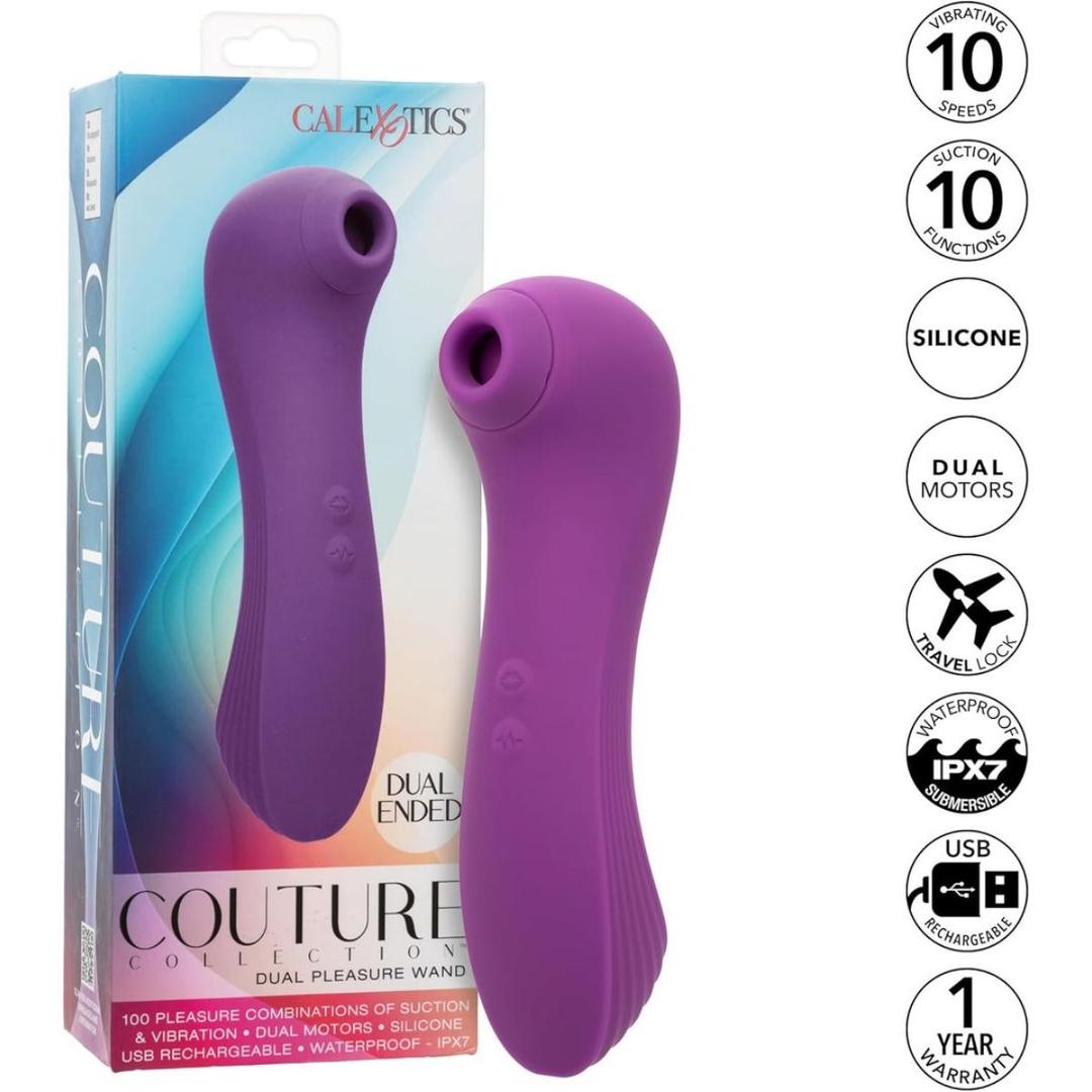 The CalExotics Couture Collection Dual Pleasure Wand is displayed next to its packaging, with icons showing 10 vibration modes, 10 suction settings, silicone build, dual motors, waterproof design, USB charging, and a 1-year warranty.