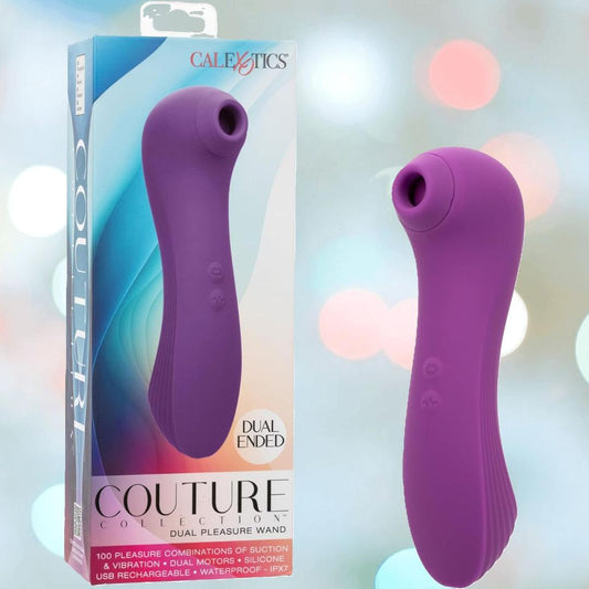 The CalExotics Couture Collection Dual Pleasure Wand, a purple dual-ended toy with control buttons, is displayed beside its box featuring highlights like waterproof, USB rechargeable, and made of silicone. 1080
