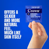 A hand holds a blue package of Crown Skinless Skin Ultra-Thin Condoms, renowned for their Japanese latex. The text on the left states, "Offers a silkier and more natural feel, much like skin itself." The background is a solid blue color.