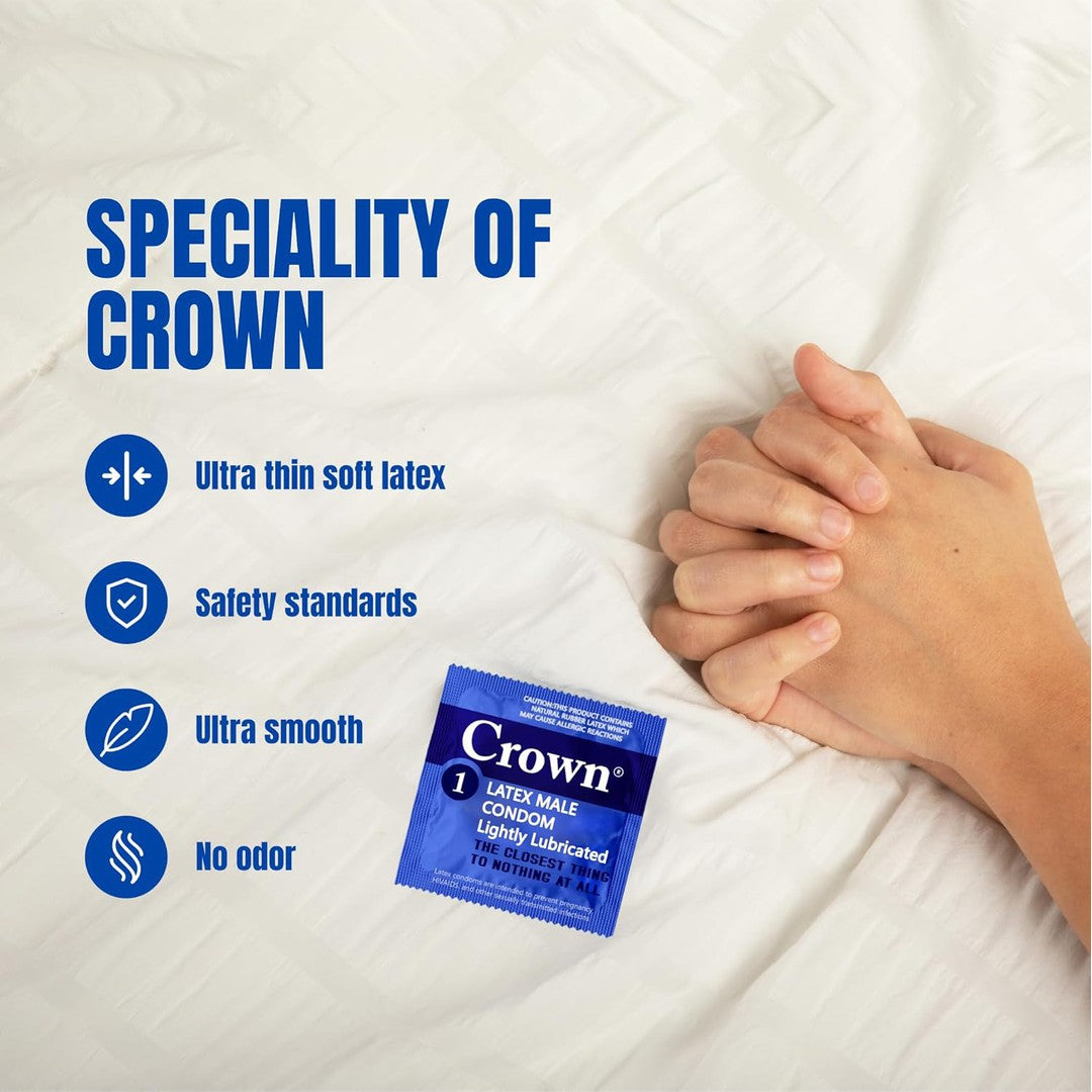 A blue packet of Crown Skinless Skin Ultra-Thin Condoms rests on a white bed, highlighting its features: "Ultra-thin soft Japanese latex, Safety standards, Ultra smooth, Natural feel." Hands are clasped together on the bed. The heading reads "Speciality of Crown Skinless Skin Condoms.