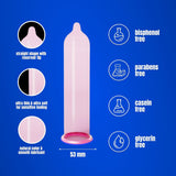 An image of a pink Crown Skinless Skin Ultra-Thin Condom is surrounded by bullet points that highlight its features: a straight shape with a reservoir tip, made from ultra-thin and soft Japanese latex for a natural feel, featuring smooth lubricant in a natural color, and free from bisphenol, parabens, casein, and glycerin. Width: 53 mm.