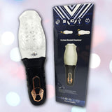 The Sweet Dreams Cyclone Oral Sex Masturbator The Male Stroker Blowjob Simulator features a transparent lifelike sleeve with a black and gold base, shown beside its branded packaging highlighting rotating stroker features.