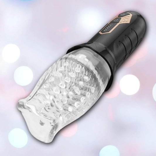 The Sweet Dreams Cyclone Oral Sex Masturbator is a handheld black device featuring a textured, lifelike transparent silicone sleeve, shown against a pastel blurred background with white circles. 1080