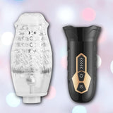Two male sex toys are shown: on the left, a transparent lifelike sleeve with a textured interior; on the right, the Sweet Dreams Cyclone Oral Sex Masturbator Blowjob Simulator in black with control buttons, both set against a blurred background.