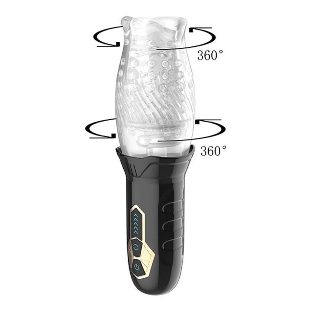 The Sweet Dreams Cyclone Oral Sex Masturbator is a black and silver handheld stroker with a textured, transparent top, control buttons, and 360° rotation for a lifelike blowjob simulation experience.