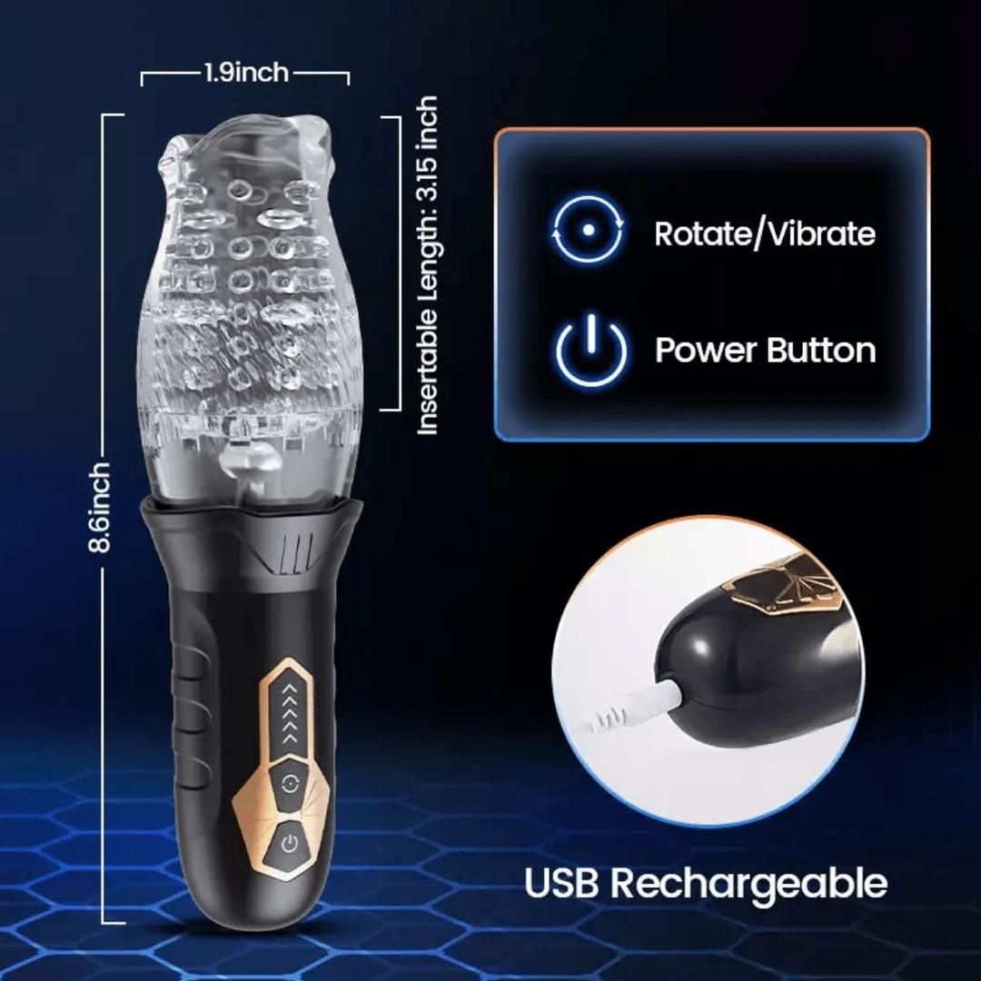 The Sweet Dreams Cyclone Oral Sex Masturbator is a black and gold handheld male stroker with a lifelike sleeve, textured transparent top, 8.6" length, 3.15" insertable, rotating/vibrating modes, power button, and USB charging port.