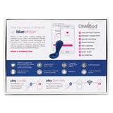 The image displays the packaging for an OhMiBod product, namely the blueMotion NEX|3-Navy Blue Couple's Ring. The box outlines features such as Bluetooth-enabled long-distance control, pre-set patterns, ergonomic design, and USB rechargeability. The predominantly white packaging is accented with pink and blue tones.