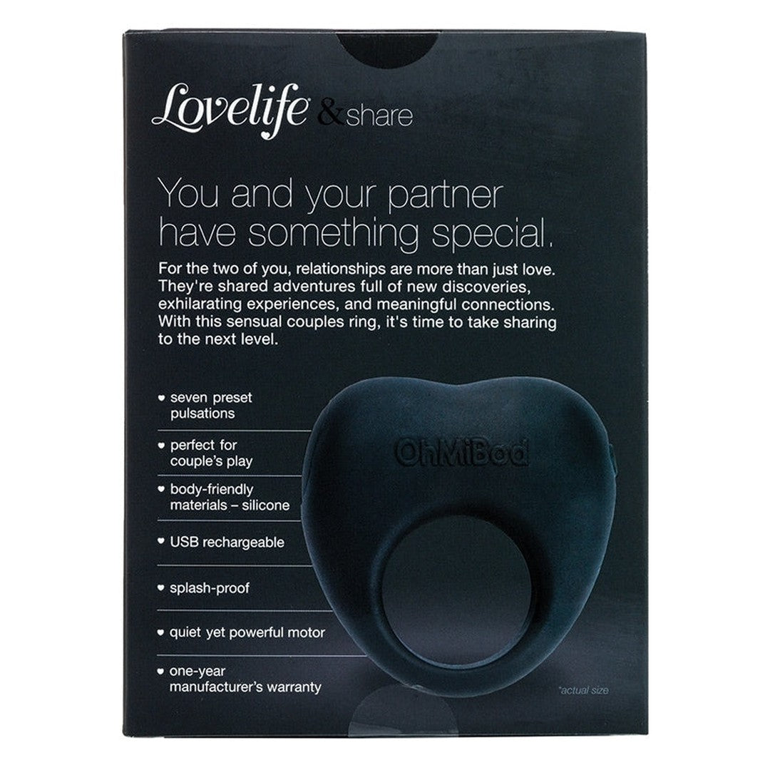 Box packaging for the OhMiBod Lovelife Share Couple’s Ring Vibe - Black. Text highlights features such as seven preset pulsations, body-friendly materials, USB rechargeable capability, splash-proof design, quiet motor, and a one-year warranty. Ideal for shared experiences that ignite meaningful connections. The product image is prominently displayed on the front.