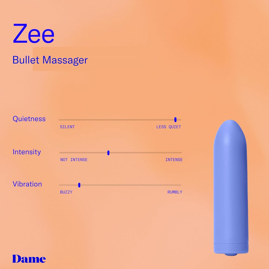 Image of a promotional graphic for the "Zee Bullet Portable Clitoral Vibrator" by Dame. The background features a gradient of orange and peach. A periwinkle, USB-rechargeable, bullet-shaped massager is positioned on the right. Three sliders labeled Quietness, Intensity, and Vibration show varying levels from minimal to more.