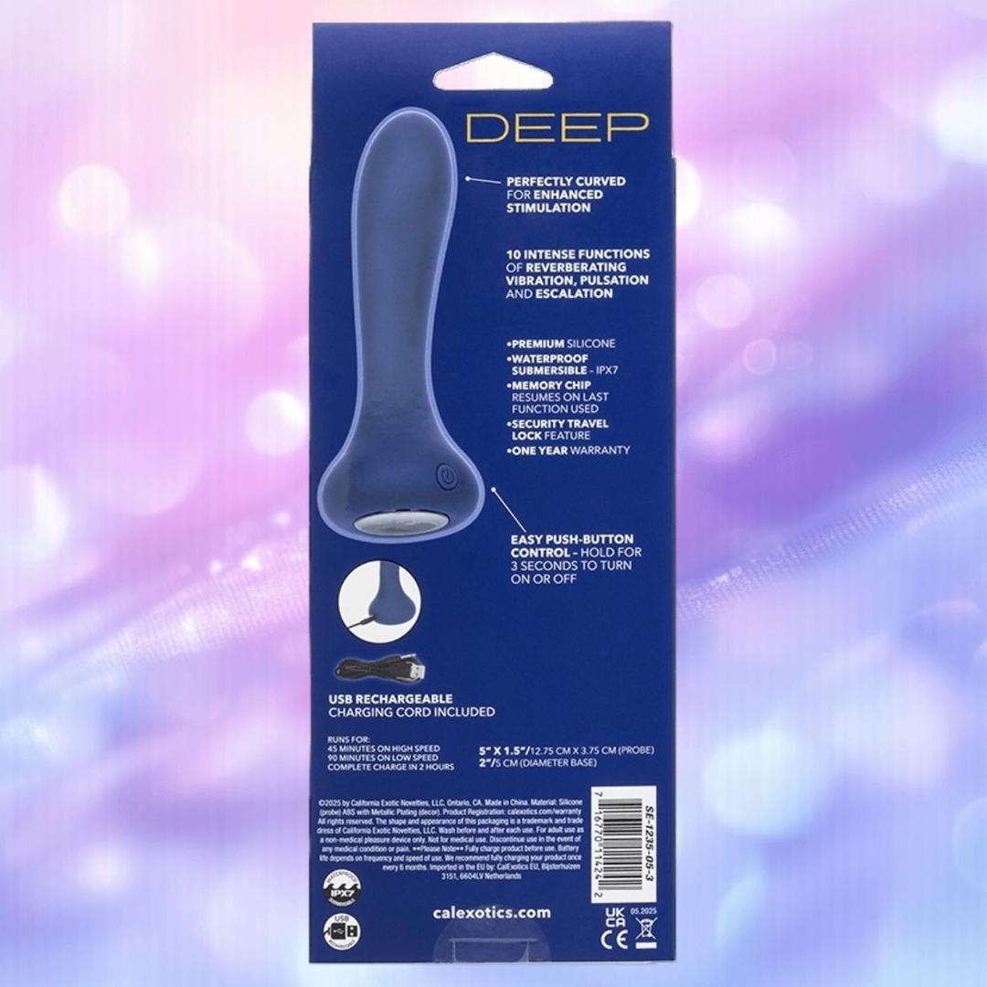 The image shows the back of a blue CalExotics Deep Curve Vibrating Probe box, highlighting features such as waterproof design, 10 vibration functions, USB rechargeability, and a one-year warranty.