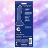 The image shows the back of a blue CalExotics Deep Curve Vibrating Probe box, highlighting features such as waterproof design, 10 vibration functions, USB rechargeability, and a one-year warranty.