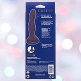 The image shows the back of a CalExotics Deep Stud Reverberating Probe: Rippled Textured Vibrator box, featuring a photo of its purple curved silicone probe, plus features, instructions, and specs on a blue background with blurred lights.