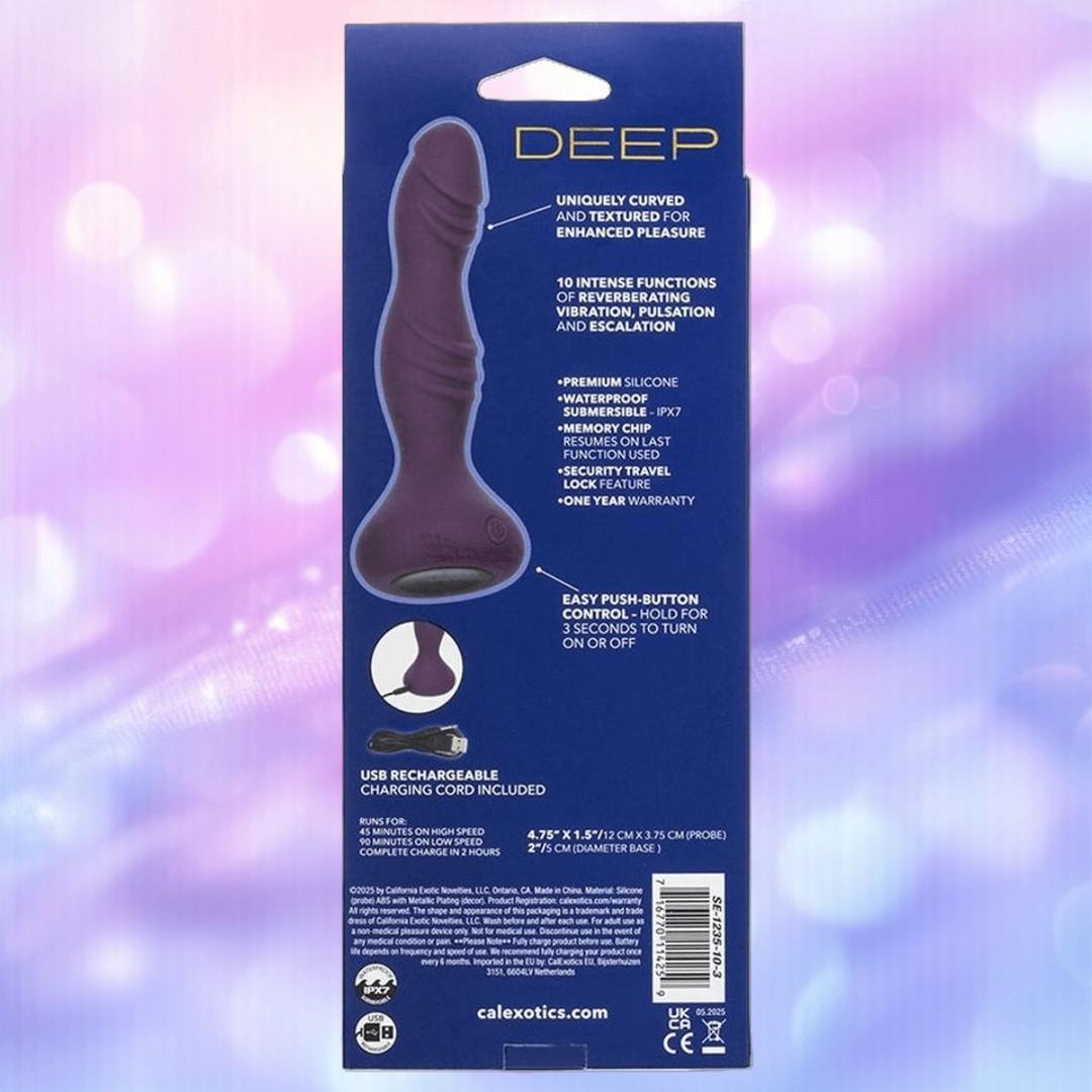 The image shows the back of the CalExotics Deep Stud Vibrating Probe package. This purple, curved probe is body-safe silicone, offers dual motors, 10 functions, is waterproof, USB-rechargeable, and includes a one-year warranty.