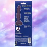 The image shows the back of the CalExotics Deep Stud Vibrating Probe package. This purple, curved probe is body-safe silicone, offers dual motors, 10 functions, is waterproof, USB-rechargeable, and includes a one-year warranty.