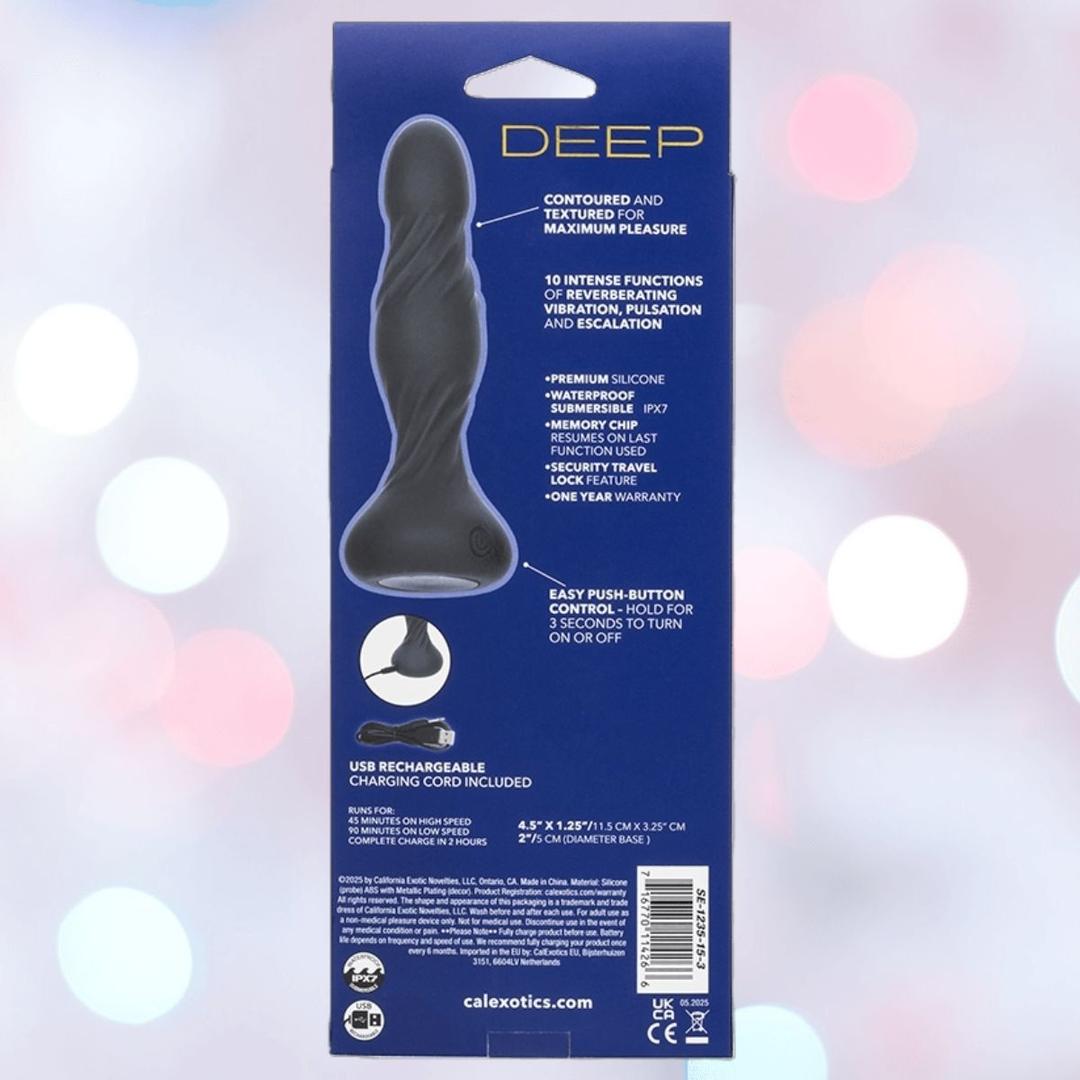 The image shows the back of a product box for CalExotics' Deep Swirl Reverberating Probe, a spiral-textured, waterproof vibrator made from body-safe silicone, with deep vibration features and branding on a blurred bokeh background.