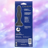 The image displays the packaging for the CalExotics Deep Swirl Vibrating Probe, with product features, functions, and specifications shown on a purple and blue blurred background.