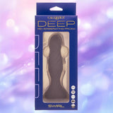 A boxed CalExotics Deep Swirl Vibrating Probe is displayed against a soft purple and blue background with light bokeh effects, showing the silhouette of the product through the packaging window.