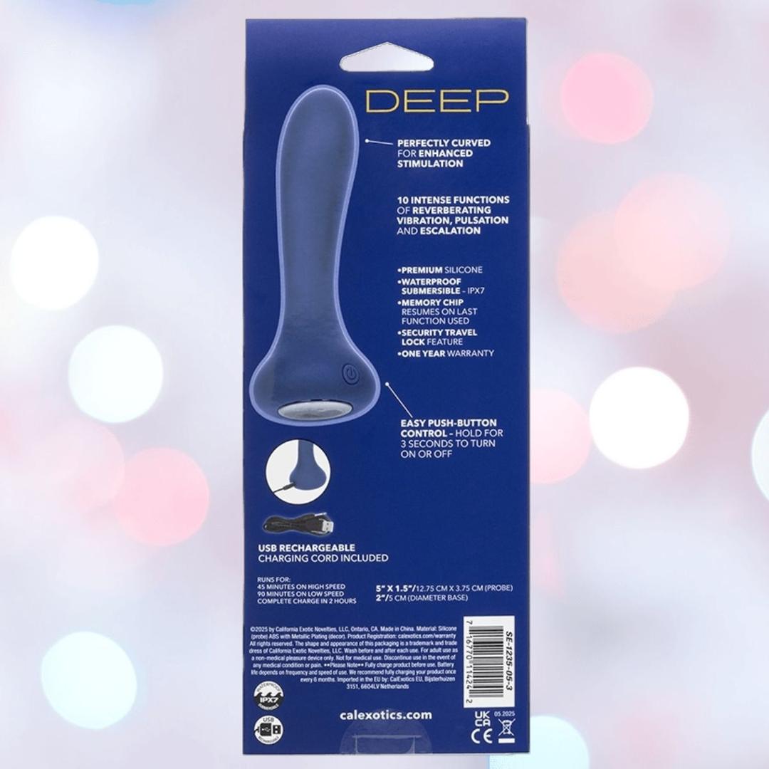 The image displays the back packaging of CalExotics’ Deep Curve Reverberating Probe: Curved Vibrator, made of body-safe silicone. It highlights 10 functions, waterproof design, memory chip, and a rechargeable cord with icons and text.