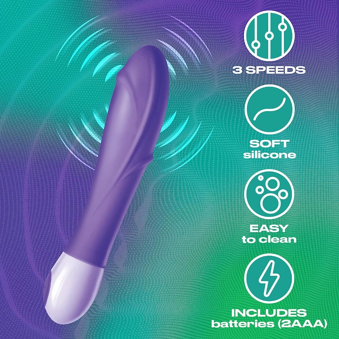 The Trojan Vibrations Divine Multi-Speed Massager by Trojan, featuring a luxurious purple massager with a white base, is showcased against a striking green and purple gradient background. Highlighted feature icons demonstrate its three-speed capabilities, soft silicone texture, ease of cleaning, and the inclusion of 2 AAA batteries for multi-speed stimulation.