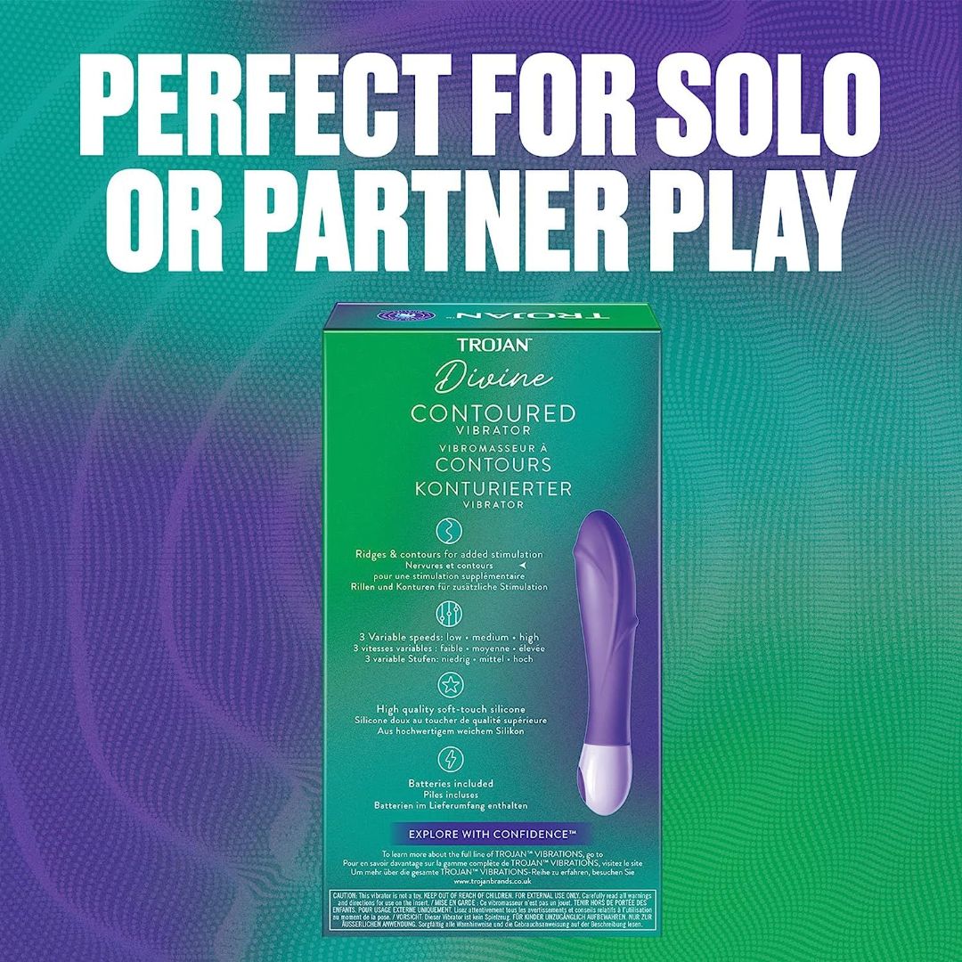 A box labeled "Trojan Vibrations Divine Multi-Speed Massager" is displayed against a gradient purple and green background. The text above the box reads, "Perfect for solo or partner play with multi-speed stimulation." The box features imagery and information about the product's features from the trusted Trojan Brand.