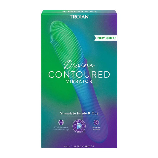 A rectangular box displays the packaging for the Trojan Vibrations Divine Multi-Speed Massager. The box predominantly features a green and blue gradient design, prominently showing the product name and description, "Stimulate Inside & Out," which emphasizes its multi-speed stimulation settings. Additionally, there is a "NEW LOOK!" label on the packaging. 1080