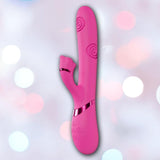 The Dolce Vive Fiore Rechargeable G-Spot Air Wave Vibrating and Tapping Clit by Shots America is a pink silicone vibrator with a curved design, external arm, swirl patterns, and base controls, shown on a soft pastel bokeh background.