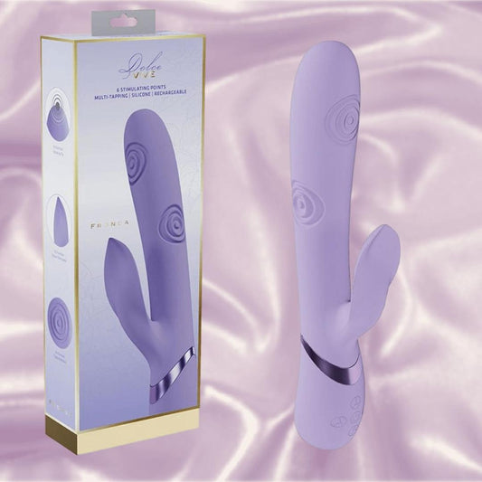 The Dolce Vive Fronda Rechargeable G-Spot Vibrating and Tapping Leaf Clit Stim by Shots America is a purple silicone vibe with a clitoral stimulator, smooth design, decorative lines, handle buttons, and comes in a box. Fully rechargeable. 1080