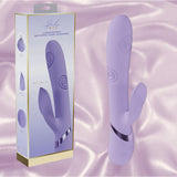 The Dolce Vive Fronda Rechargeable G-Spot Vibrating and Tapping Leaf Clit Stim by Shots America is a purple silicone vibe with a clitoral stimulator, smooth design, decorative lines, handle buttons, and comes in a box. Fully rechargeable.