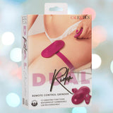 The CalExotics Dual Rider Remote Control Grinder retail box shows a person holding the pink device on their upper thigh and highlights 12 vibrating functions plus a waterproof design.