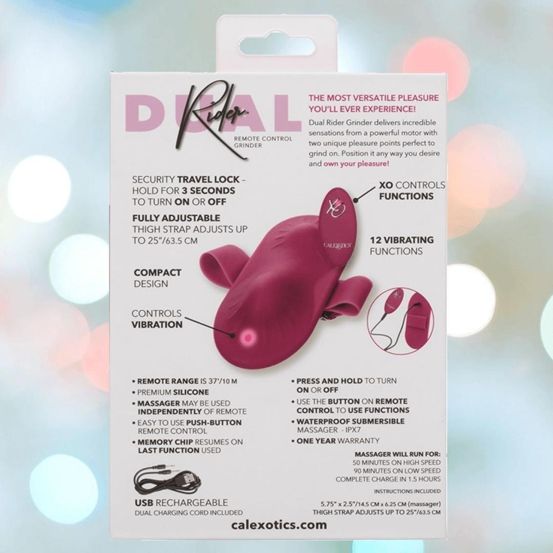 Product packaging for the CalExotics Dual Rider Remote Control Grinder highlights 12 vibration functions, compact design, adjustable strap, USB rechargeable battery, and remote control range information.