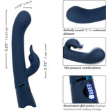 The CalExotics Orgasmatron Digital G-Teaser is a navy blue silicone vibrator with a curved shaft, external stimulator, 100 pleasure combinations, and an LED display for function and battery status; measurements are shown.