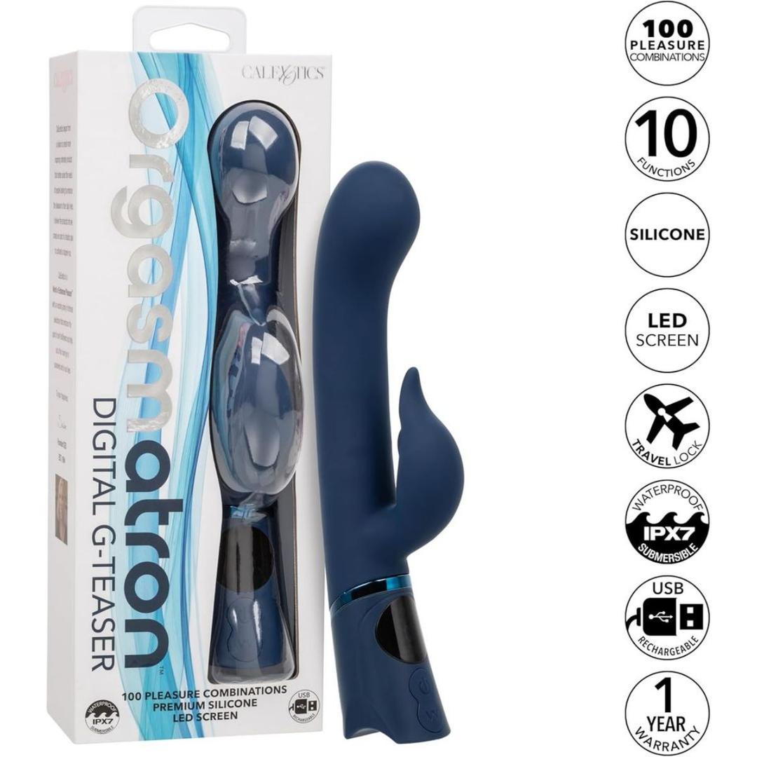 A blue silicone CalExotics Orgasmatron Digital G-Teaser with a curved shaft and external stimulator stands by its box, which highlights features like 100 functions and USB charging.