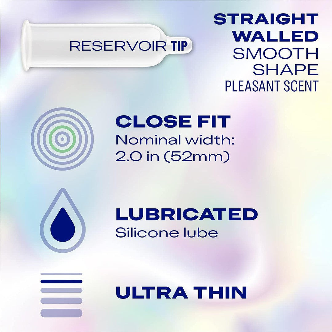 Infographic for Free Sample: Durex Air Close Fit Condom (Limit 1) by Condomania—straight-walled, smooth, pleasant scent, reservoir tip, snug 52mm fit, silicone lube, ultra-thin. Simple icons highlight key features.