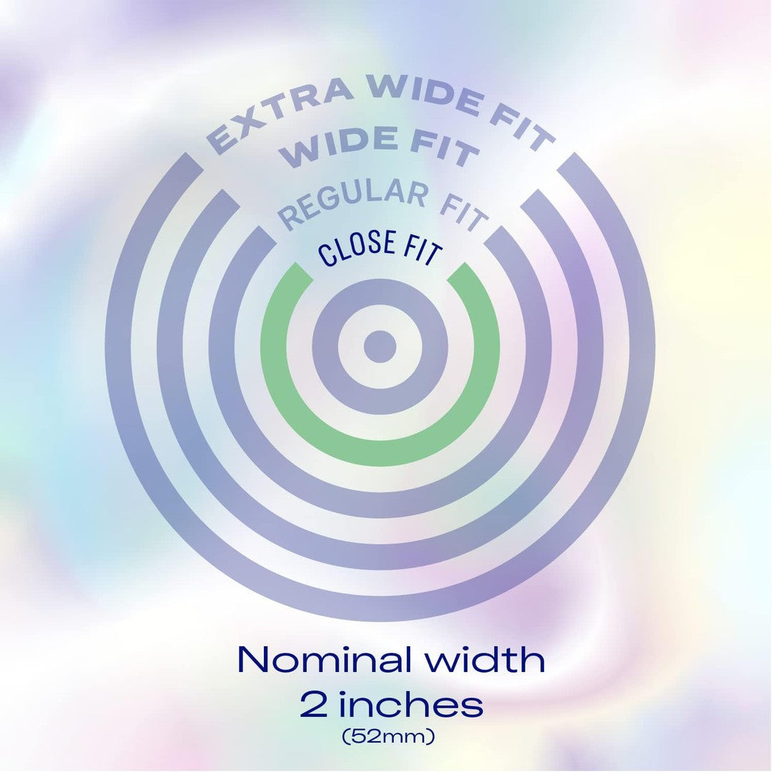 Concentric circles labeled "Close Fit," "Regular Fit," "Wide Fit," and "Extra Wide Fit" show condom sizes. Perfect for those seeking snug fit condoms like Condomania Free Sample: Durex Air Close Fit Condom (Limit 1). Text: "Nominal width 2 inches (52mm)." Pastel gradient background.