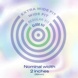 Concentric circles labeled "Close Fit," "Regular Fit," "Wide Fit," and "Extra Wide Fit" show condom sizes. Perfect for those seeking snug fit condoms like Condomania Free Sample: Durex Air Close Fit Condom (Limit 1). Text: "Nominal width 2 inches (52mm)." Pastel gradient background.