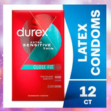 A box of Durex Extra Sensitive Thin Close Fit Latex Condoms from Durex is displayed against a blue and purple backdrop. The text "LATEX CONDOMS" and "12 CT" appears next to the red box, emphasizing its ultra-thin latex construction designed for increased sensitivity.