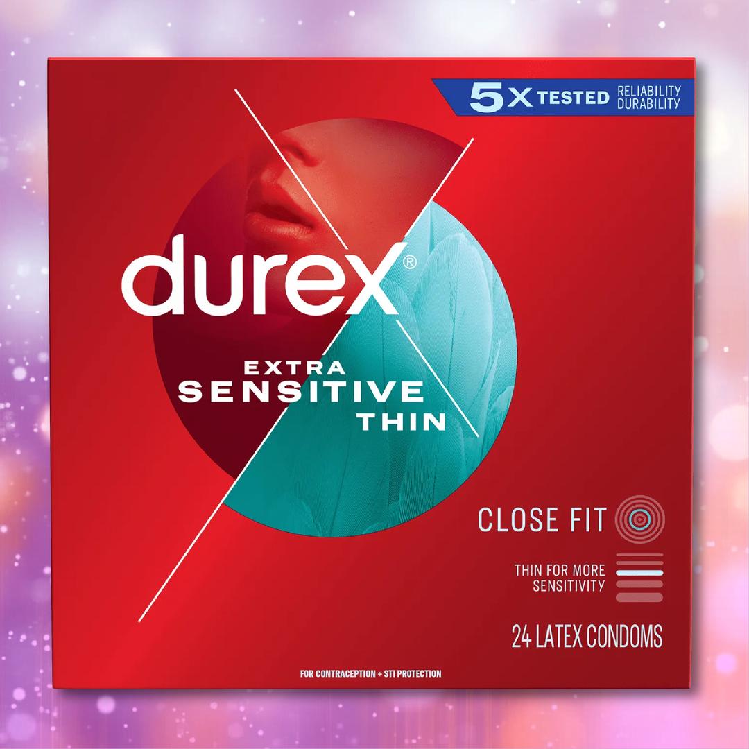 Red box of Durex Extra Sensitive Thin Close Fit Latex Condoms, with blue and white accents, featuring text that highlights heightened sensitivity and ultra-thin latex for increased sensation, as well as an abstract face graphic. The box contains 24 close fit condoms made from high-quality latex by Durex.