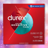 Red box of Durex Extra Sensitive Thin Close Fit Latex Condoms, with blue and white accents, featuring text that highlights heightened sensitivity and ultra-thin latex for increased sensation, as well as an abstract face graphic. The box contains 24 close fit condoms made from high-quality latex by Durex.
