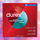 Red box of Durex Extra Sensitive Thin Close Fit Latex Condoms, with blue and white accents, featuring text that highlights heightened sensitivity and ultra-thin latex for increased sensation, as well as an abstract face graphic. The box contains 24 close fit condoms made from high-quality latex by Durex.