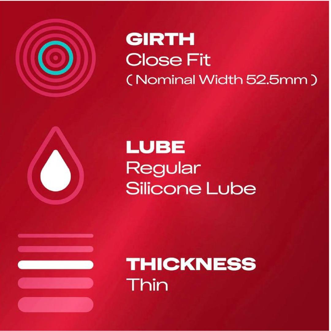Red background with icons and white text: “Girth: Close Fit (Nominal Width 52.5mm), Lube: Regular Silicone Lube, Thickness: Thin.” Circular, droplet, and line icons represent each section—ideal for those who want the sensation of ultra-thin latex condoms like Durex Extra Sensitive Thin “Close Fit” Condoms by Durex or other thin close fit options.