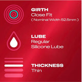 Red background with icons and white text: “Girth: Close Fit (Nominal Width 52.5mm), Lube: Regular Silicone Lube, Thickness: Thin.” Circular, droplet, and line icons represent each section—ideal for those who want the sensation of ultra-thin latex condoms like Durex Extra Sensitive Thin “Close Fit” Condoms by Durex or other thin close fit options.