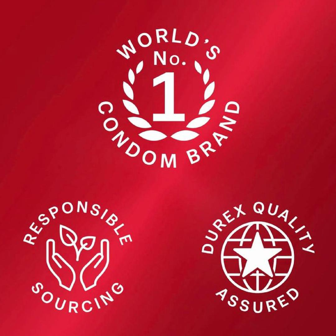 White text and icons on a red background read: “World’s No.1 Condom Brand,” “Responsible Sourcing” with hands holding plants, and “Durex Quality Assured” featuring a star inside a globe. Showcasing Durex Extra Sensitive Thin “Close Fit” Condoms by Durex, these ultra-thin latex condoms are designed for a snug, close fit to deliver heightened sensitivity while maintaining the highest standards of quality and protection.