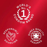 White text and icons on a red background read: “World’s No.1 Condom Brand,” “Responsible Sourcing” with hands holding plants, and “Durex Quality Assured” featuring a star inside a globe. Showcasing Durex Extra Sensitive Thin “Close Fit” Condoms by Durex, these ultra-thin latex condoms are designed for a snug, close fit to deliver heightened sensitivity while maintaining the highest standards of quality and protection.