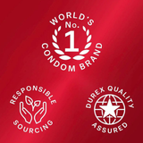 Red background featuring three white icons: “World’s No.1 Condom Brand” with a laurel, “Responsible Sourcing” with hands and leaves, and “Durex Quality Assured” with a star in a globe. Ideal for those who prefer Durex Extra Sensitive Thin Close Fit Latex Condoms or ultra-thin options from Durex, this design emphasizes the brand’s commitment to quality and comfort.