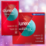 Two boxes of Durex Extra Sensitive Thin “Close Fit” Condoms are displayed against a purple, bokeh-style background—one containing 12 condoms and the other 24. Enjoy enhanced intimacy with these ultra-thin latex condoms from Durex, specially designed for extra sensitivity and a close fit.