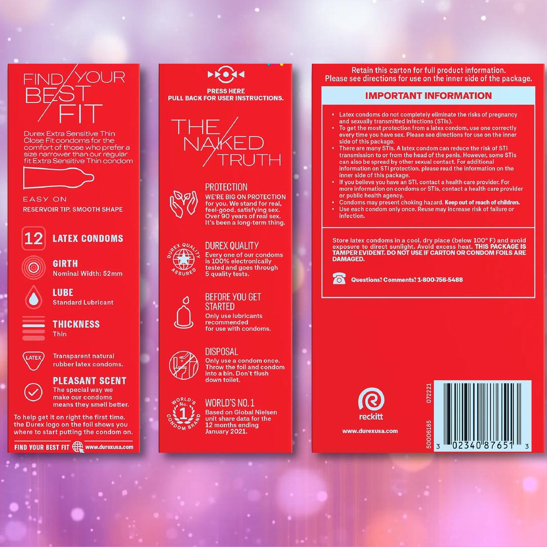 Three red Durex condom boxes—featuring Durex Extra Sensitive Thin “Close Fit” Condoms—display details about close fit, features (ultra-thin latex condoms, lubrication, extra thinness, and a smooth shape), as well as instructions and safety information. A barcode and helpline number are visible. The background is pink with bokeh lights.
