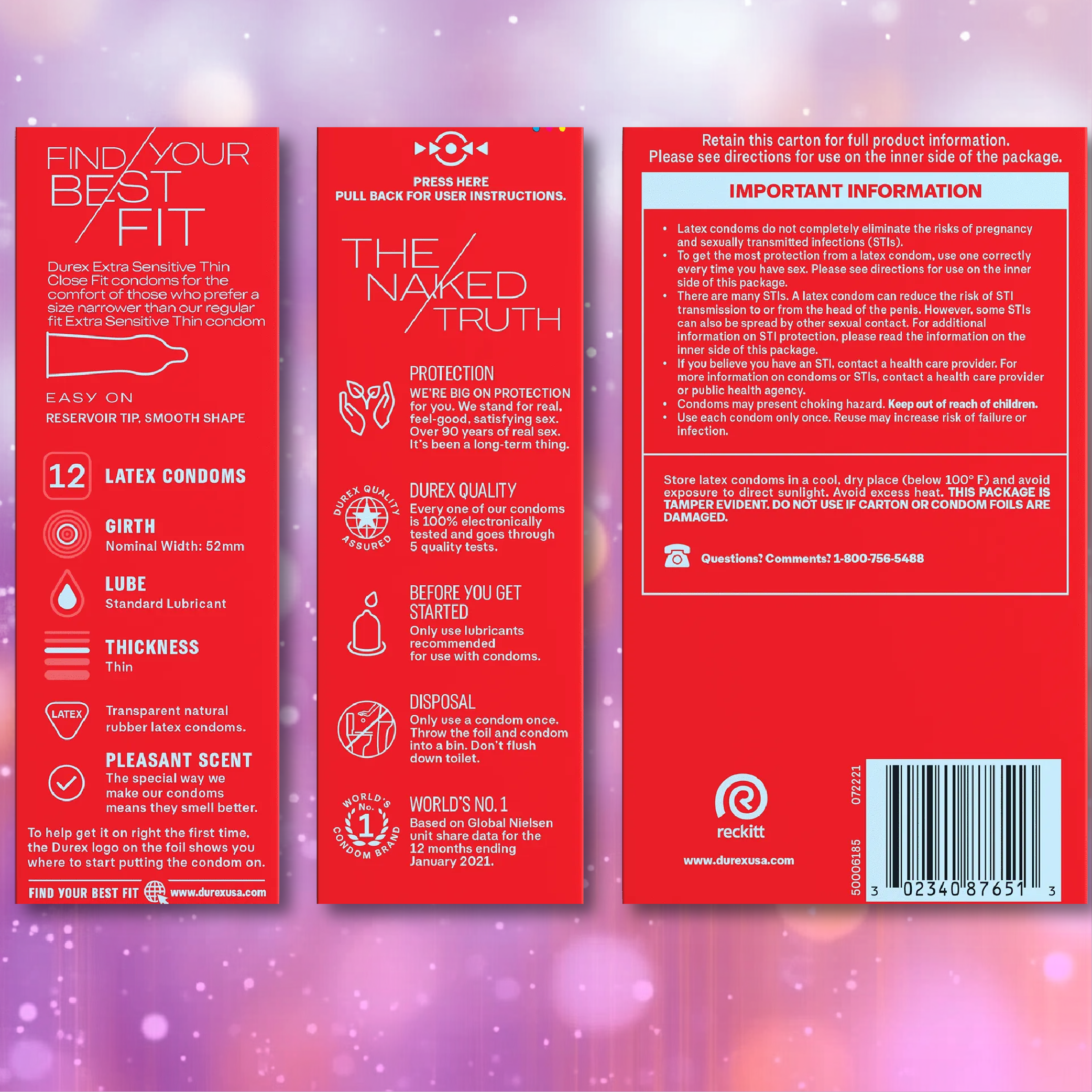 Three labeled red panels present Durex Extra Sensitive Thin Close Fit Latex Condoms, displaying product details, safety warnings, usage instructions, and contact information—all in white text set against a pink and purple blurred background.