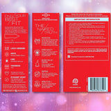 Three red Durex condom boxes—featuring Durex Extra Sensitive Thin “Close Fit” Condoms—display details about close fit, features (ultra-thin latex condoms, lubrication, extra thinness, and a smooth shape), as well as instructions and safety information. A barcode and helpline number are visible. The background is pink with bokeh lights.