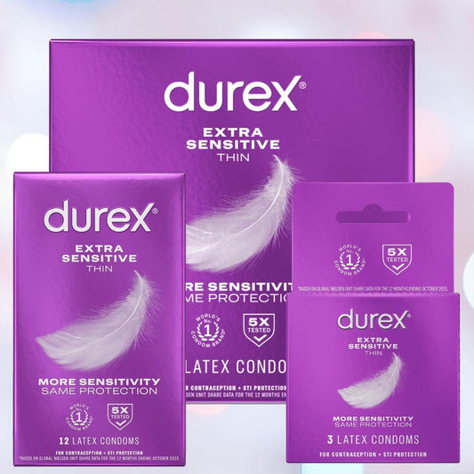 Three purple boxes of Durex Extra Sensitive 'Thin' Condoms feature a white feather design and highlight "More Sensitivity, Same Protection" and "5X Tested" on the packaging of these thin latex lubricated condoms. 1080